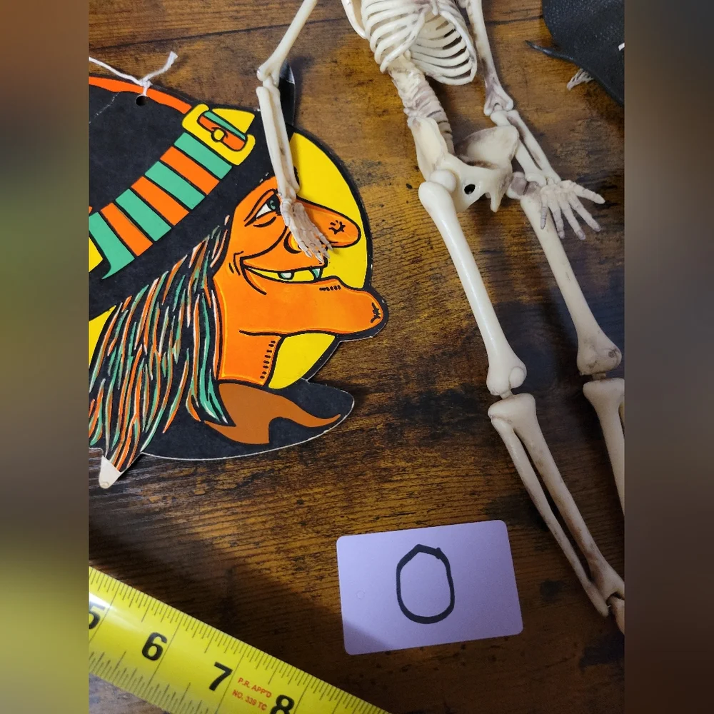 Vintage lot of 3 Halloween decorations Skeleton, Witch, rubber bat